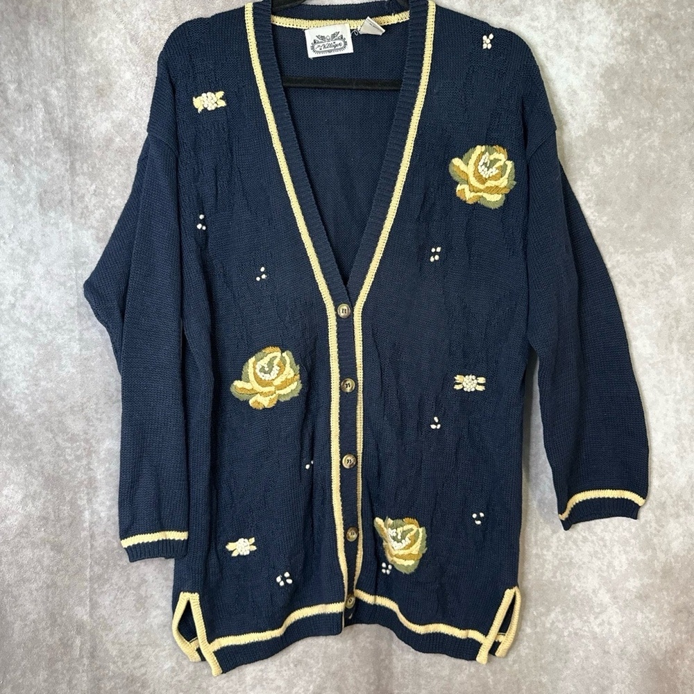 VTG 90's The Villager Embroidered Floral Button Up Cardigan Tunic Oversized Sz S